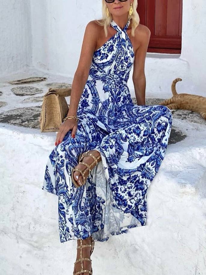 Blue Bohemian Paisley Halter Neck Maxi Dress for wholesale on Faire2