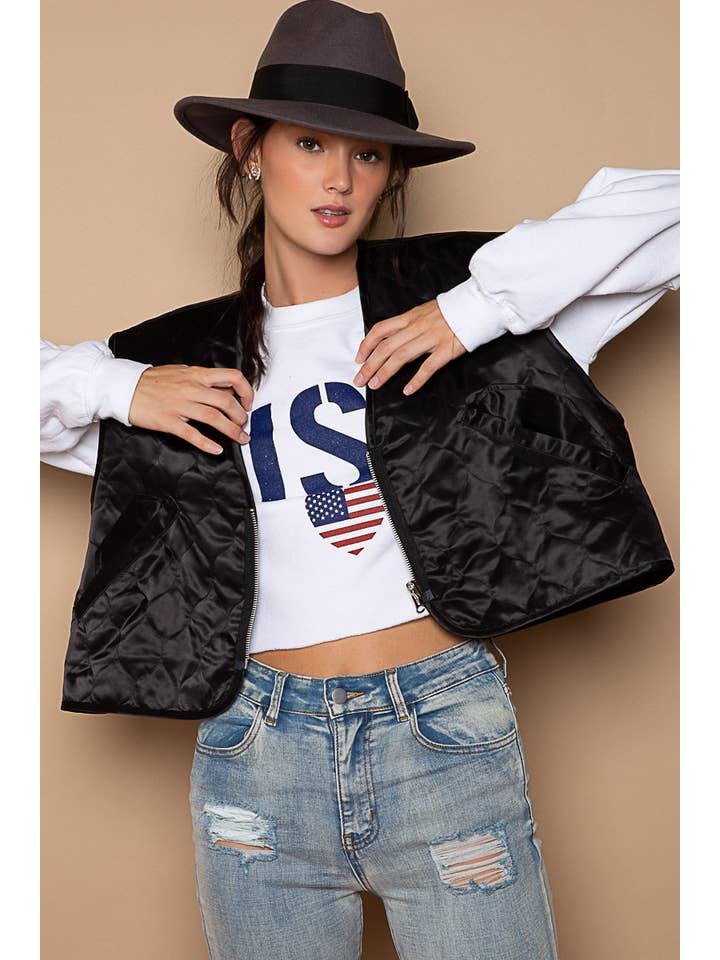 Pol Clothing - Wholesale Outerwear Vest - Women's - Ourseam zipper pockets animal print lining quilted vest SALE