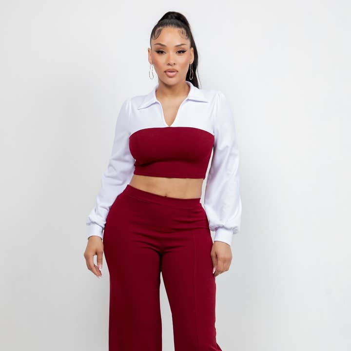 T6813-B11473 TECHNO CREPE COLLAR COLORBLOCK TOP AND PANTS for wholesale by Uptown Apparel