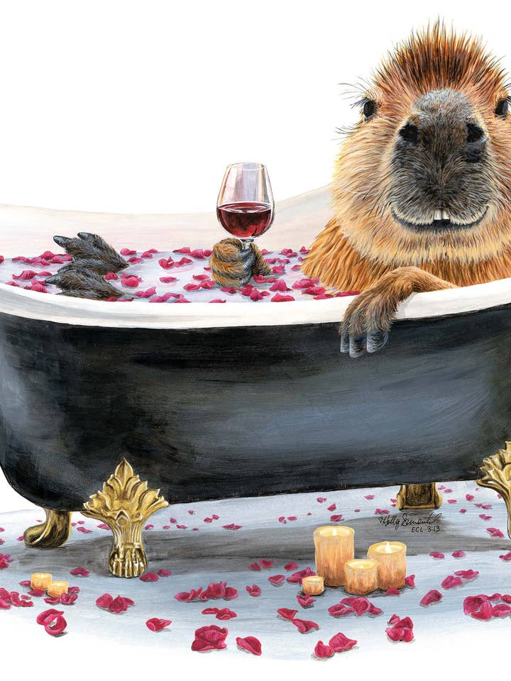 Capybara animal bath wine signed archival print for wholesale by Holly Simental