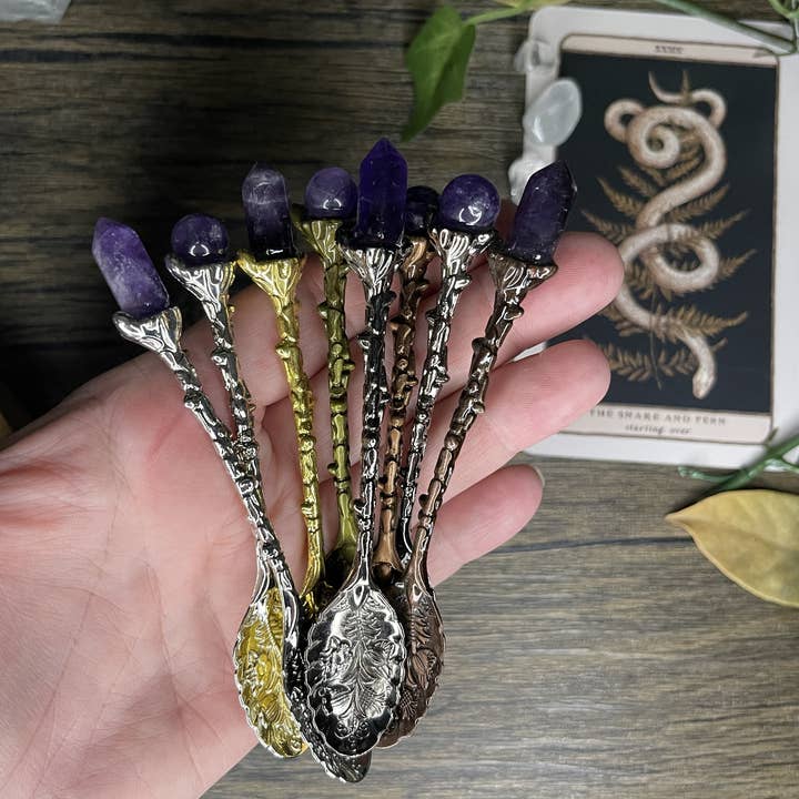 Moondust and Raven - Wholesale Meditation Supplies - Amethyst Crystal Spoon, Witchcraft Apothecary Supplies
