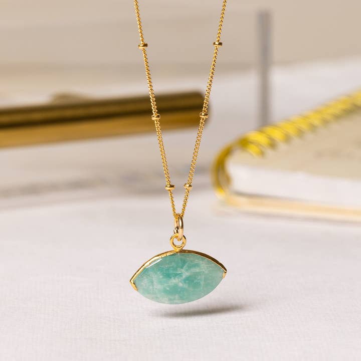 Amazonite Eye Shape Gold Pendant Necklace (Satellite Chain) for wholesale by Soul & Little Rose