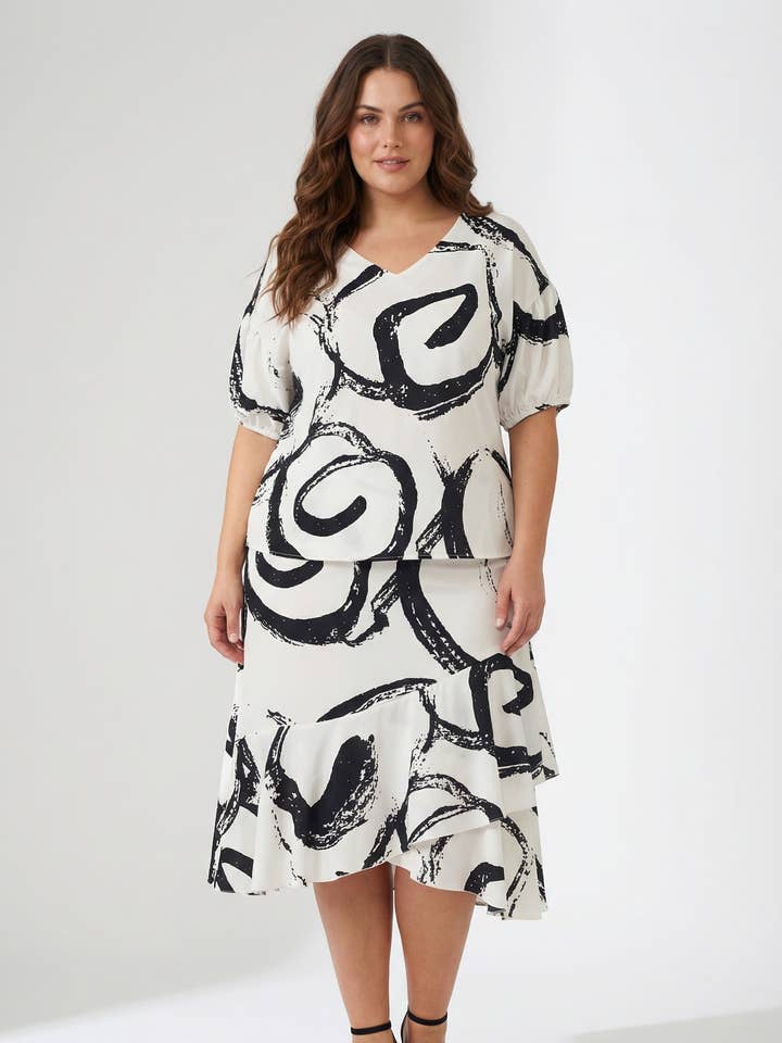 Ensemble top + jupe grande taille imprimé blanc (PC6197) pour la vente par Pomme Rouge Paris