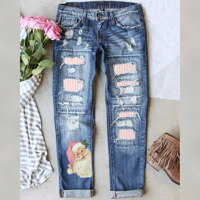 Blue Vintage Santa Print Distressed Jeans Women Christmas Denim for wholesale on Faire0