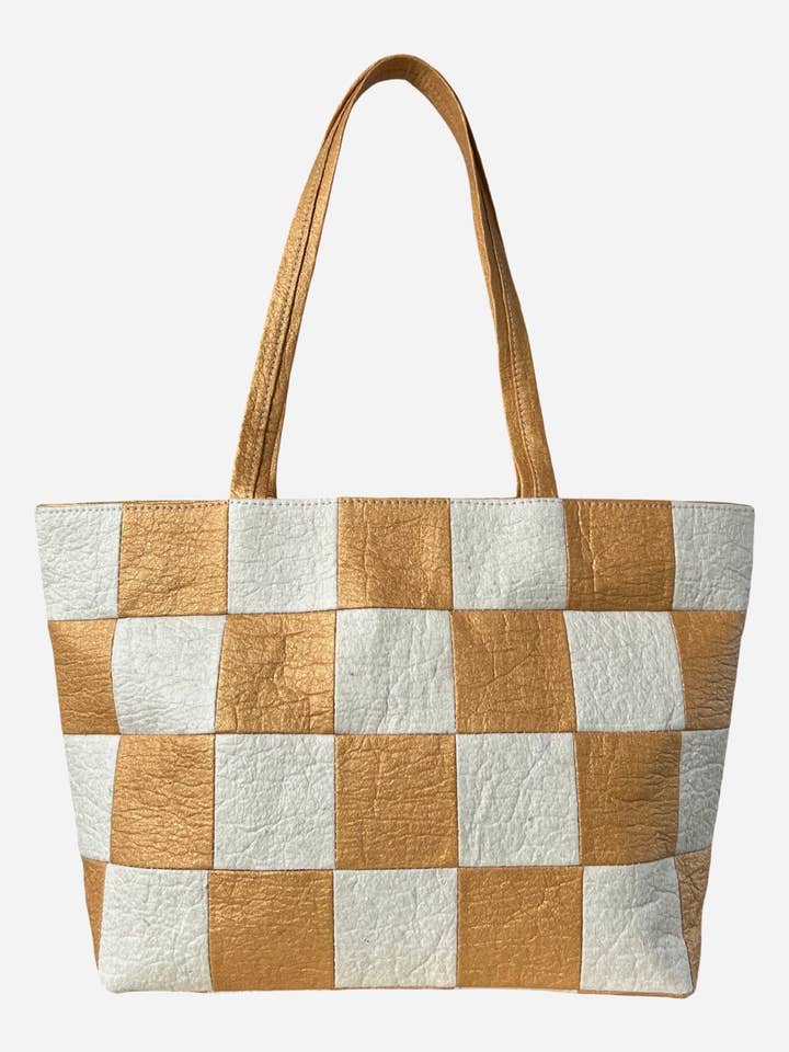 Large Tote, Checkered Patchwork Antique Gold/Natural for wholesale by Ceibo