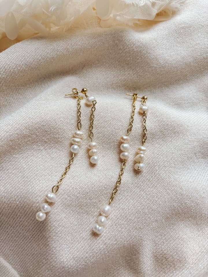 Freshwater Pearl Double Layer Chain Earrings for wholesale by Placed by Grace