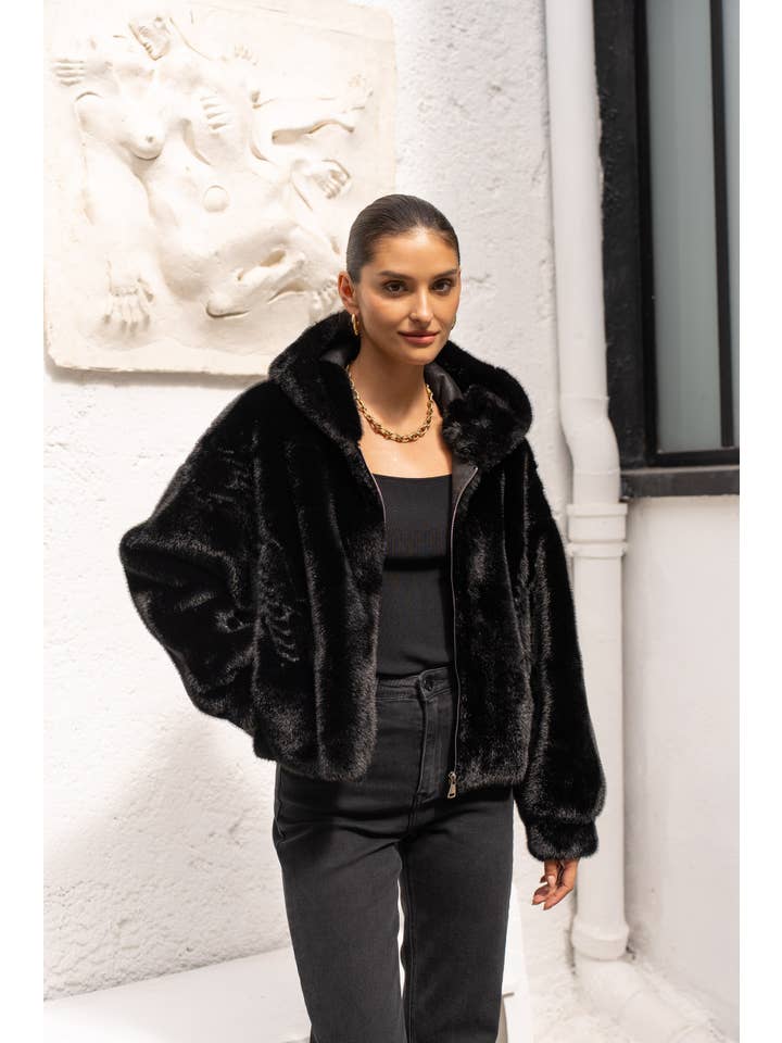 Attentif Paris - Wholesale Fur/Faux Fur Coat - Women's - Short coat with hood in faux fur with braided details14