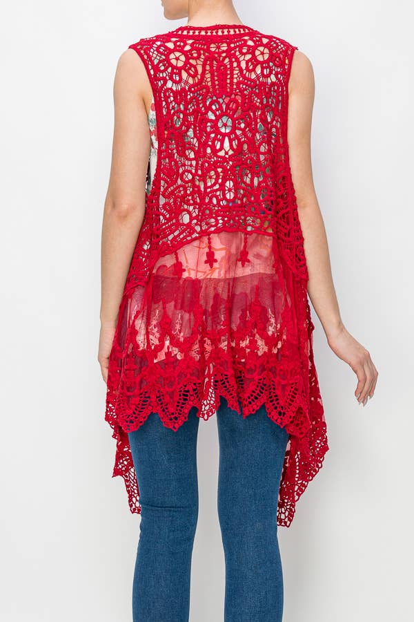 CROCHET VEST WITH LACE LAYER-4421 RED for wholesale on Faire3