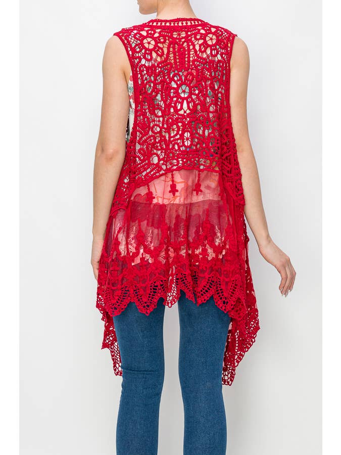 CROCHET VEST WITH LACE LAYER-4421 RED for wholesale on Faire3