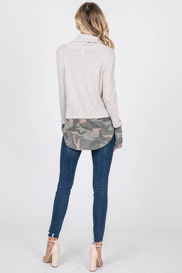 7th Ray - Wholesale Sweatshirt - Women's - Brushed Waffle Camo Contrast Thumbhole Cuff Twofer Top T204117