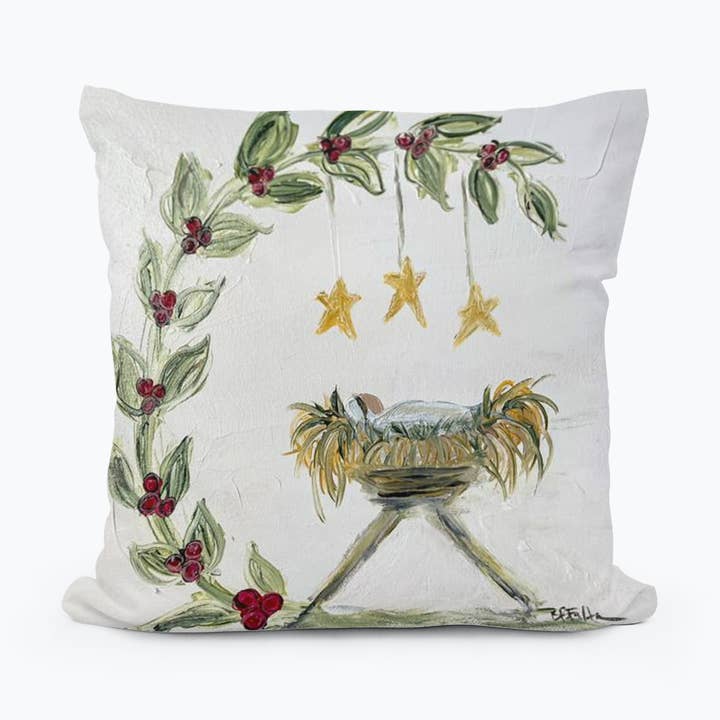 Bridgett's Holly Manger Pillow for wholesale by LuckyBird Apparel and Home