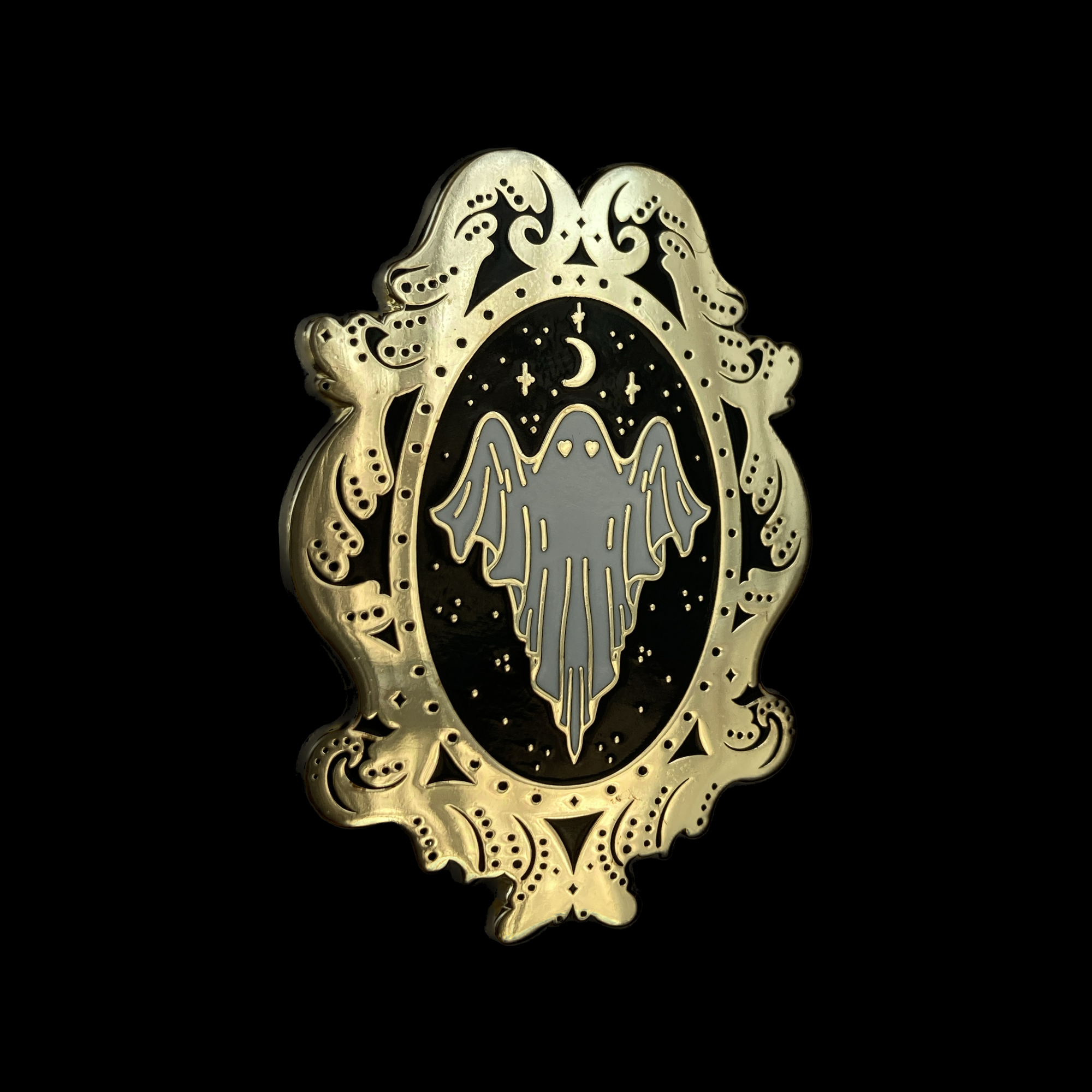 Soni Graves Artistry - Wholesale Lapel Pin/Button - Ghost Frame Pin: Golden Hard Enamel, Goth Spooky Filigree1