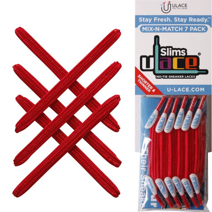 U-Lace Slims - No-Tie Laces - 7-Lace Pack - Scarlet for wholesale by U-Lace No-Tie Sneaker Laces