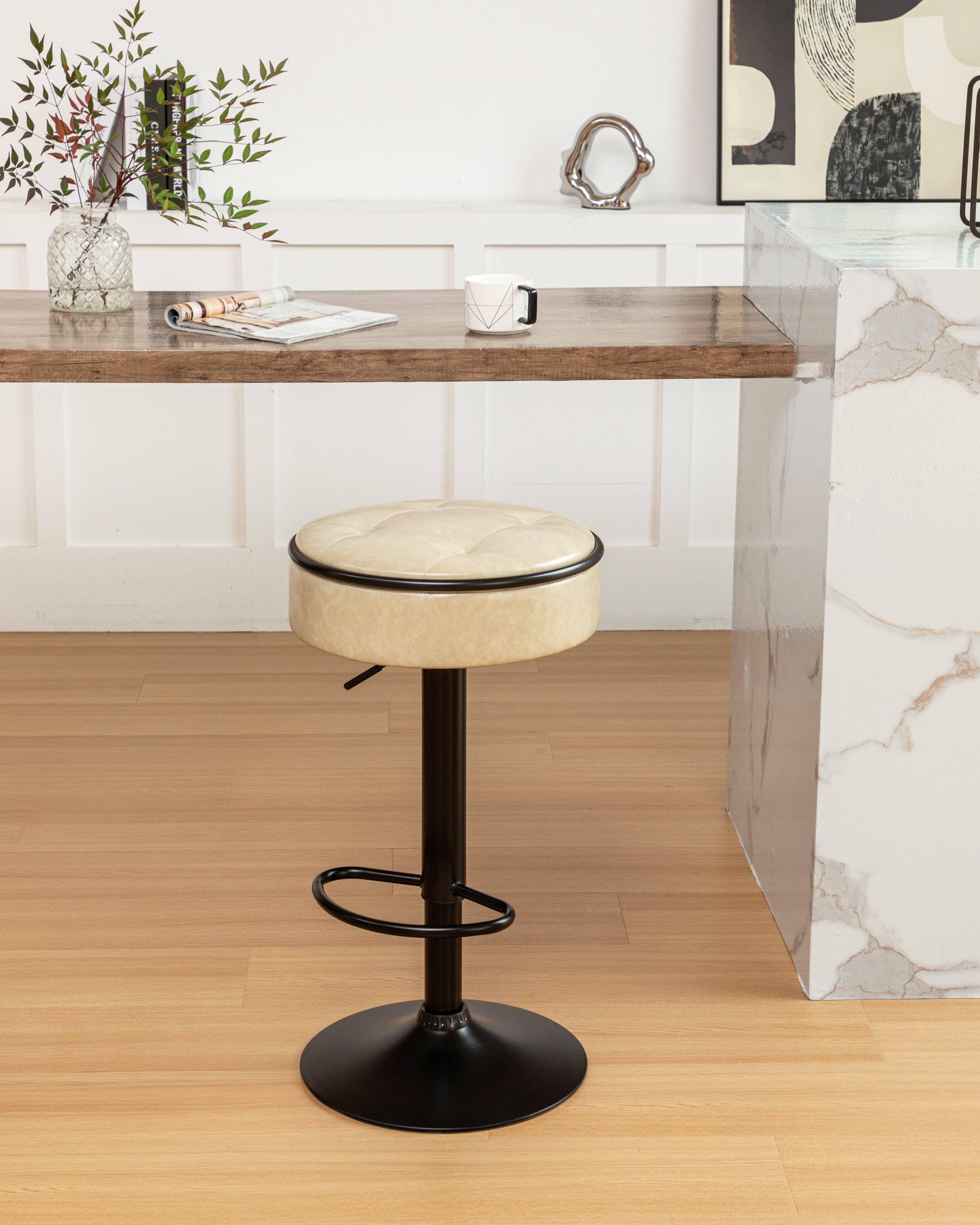 Orange County Decor - Wholesale Stool - Round Storage Bar Stool Set Of 2, Khaki Faux Leather Height Adjustable Barstool, 360 Counter Height Swivel Stool, Armless Bar Chair With Metal Frame For Kitchen Counter Dining Living Room Khaki Set18