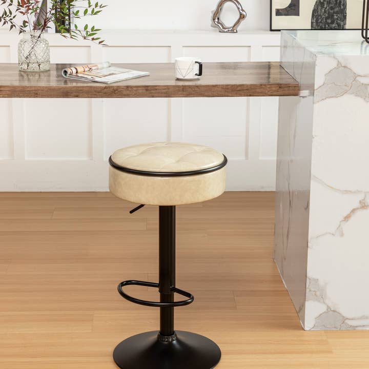 Orange County Decor - Wholesale Stool - Round Storage Bar Stool Set Of 2, Khaki Faux Leather Height Adjustable Barstool, 360 Counter Height Swivel Stool, Armless Bar Chair With Metal Frame For Kitchen Counter Dining Living Room Khaki Set18