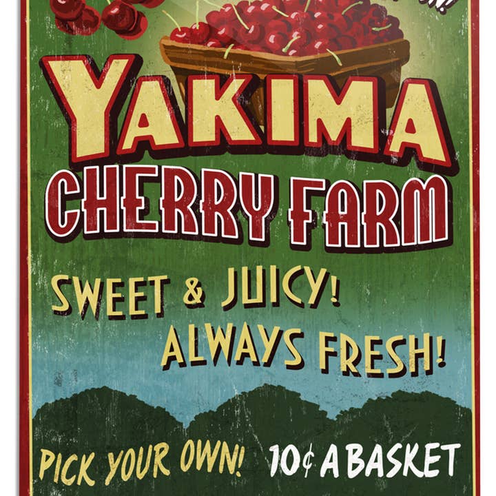Lantern Press - Wholesale Sign - METAL SIGN ART Yakima, Washington, Cherries Vintage Sign