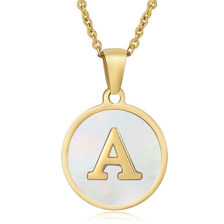 NINEXIS - Wholesale Pendant/Charm Necklace - CWAJE1934_Round Stainless Steel White Shell Letter Necklace