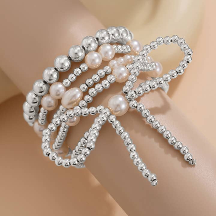 Aapparella - Wholesale Beaded Bracelet - Valentine Bow Knot Pearl Beaded Bracelet Set6