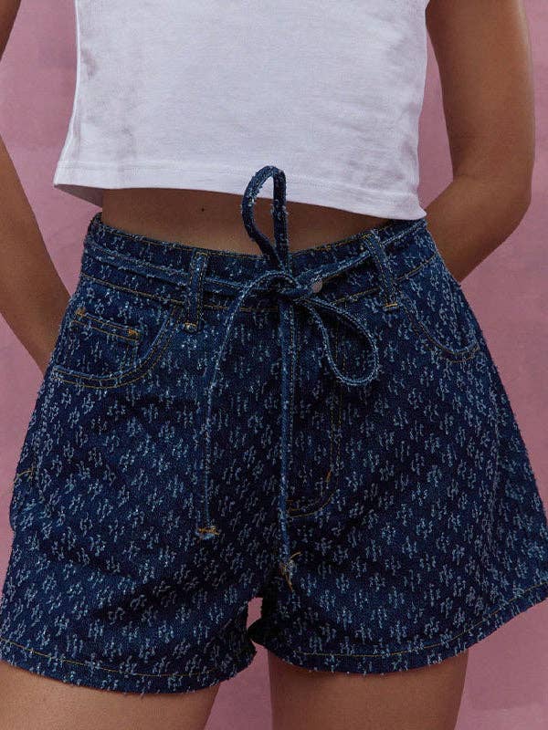 BLUE Wide Leg Split-Joint Tied Waist Denim Shorts for wholesale on Faire