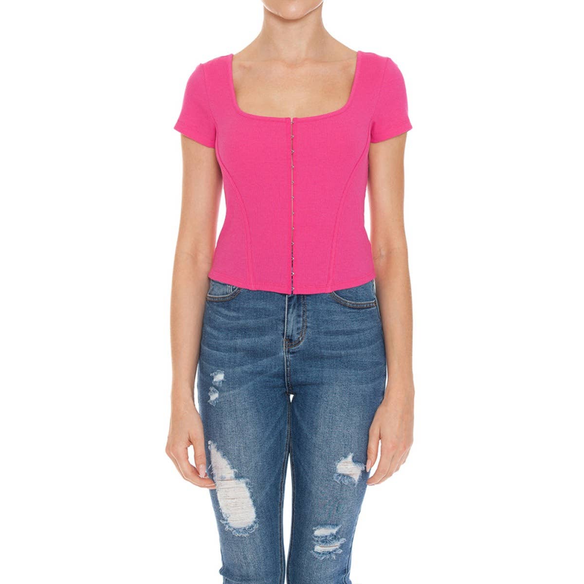 UP CLOTHING – wholesale Knit top – Women's – SQUARE NECK HOOK AND EYE BUSTIER SHORT SLEEVE TOP5