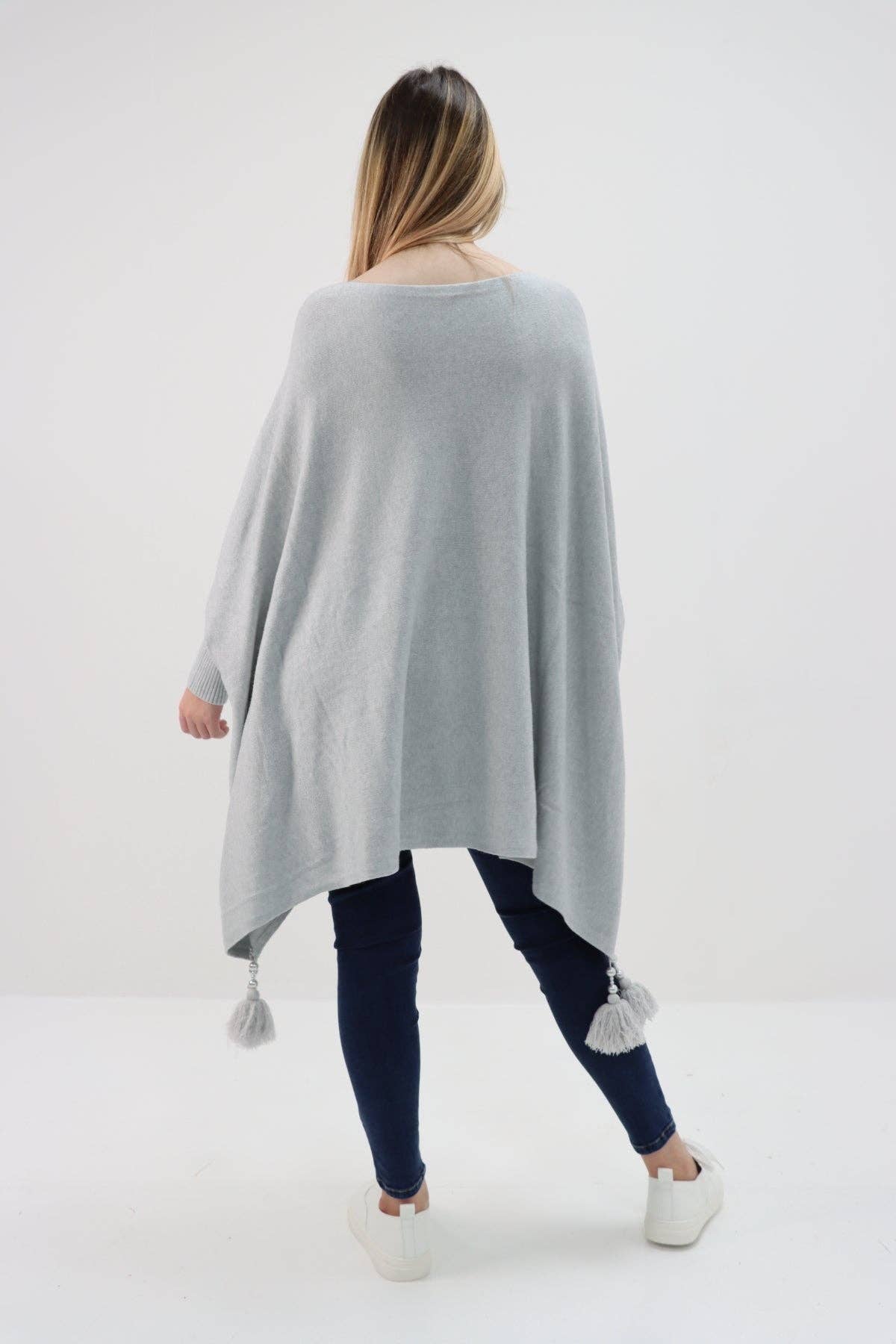 Miss Bold - Wholesale Poncho - Women's - Italian Plain Batwing Sleeves Tassels Tunic Poncho43