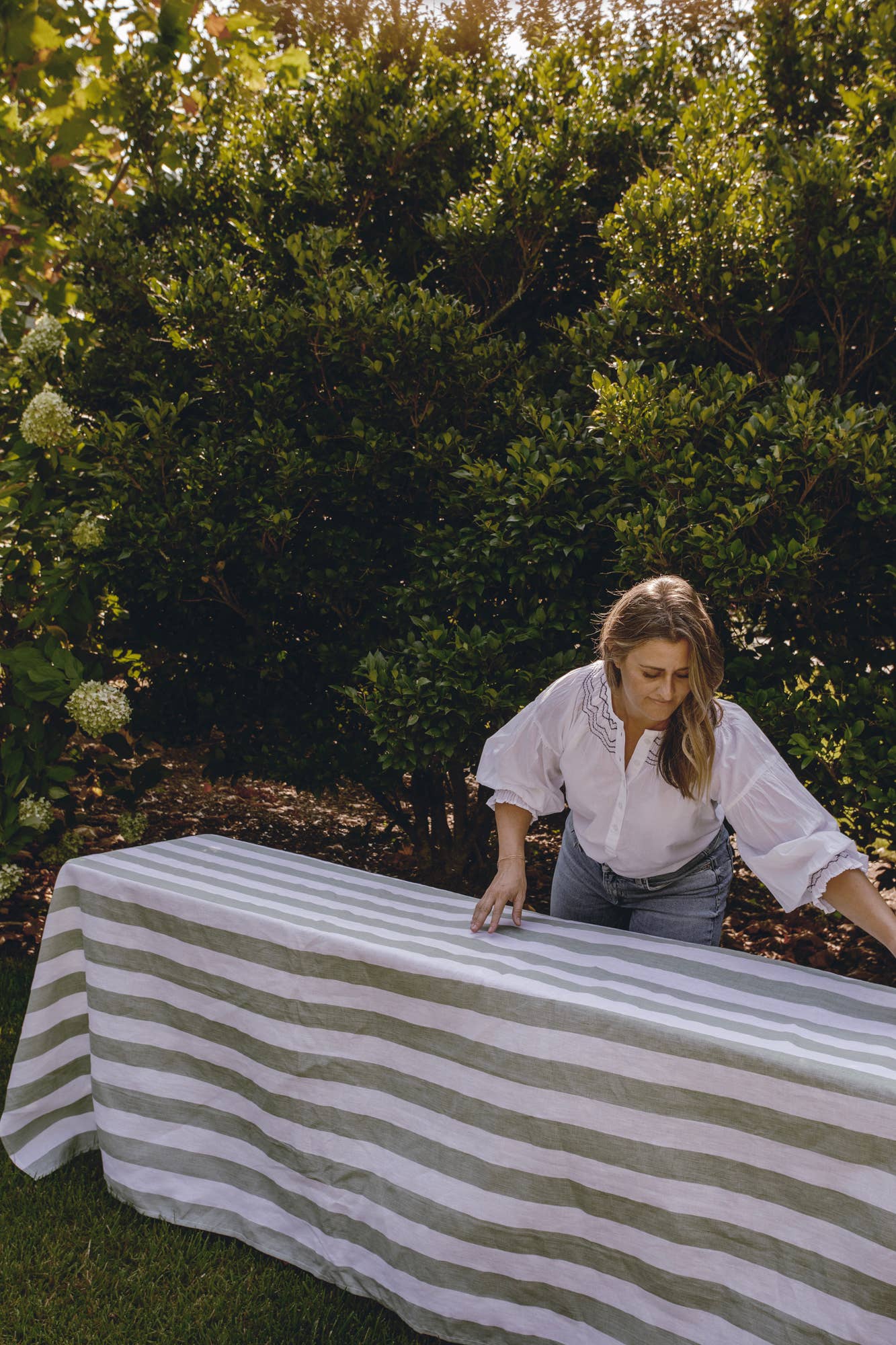 Heirloomed Collection - Wholesale Tablecloth - Linen Tablecloth - Broad Stripe in Sage1