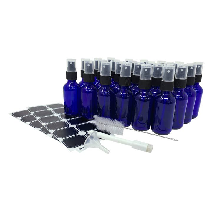 Cobalt Blue Glass Spray Bottles - 2 oz. (Pack of 24) for wholesale by Nevlers