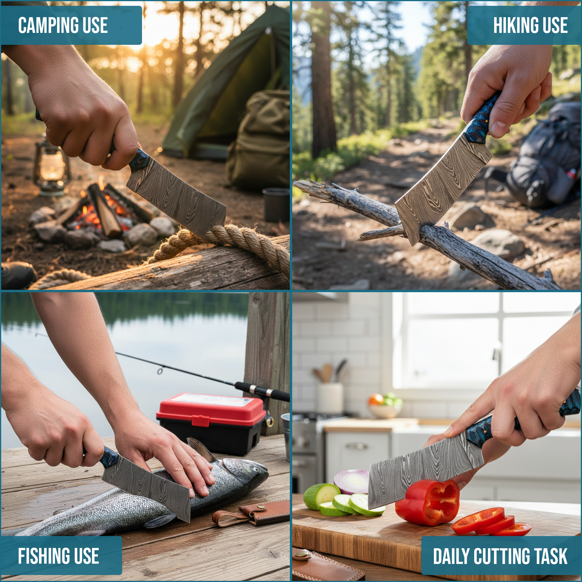 FH KNIVES - Wholesale Pocket Knife/Holder - 8.25' Handmade damascus Cleaver knife with leather sheath  4