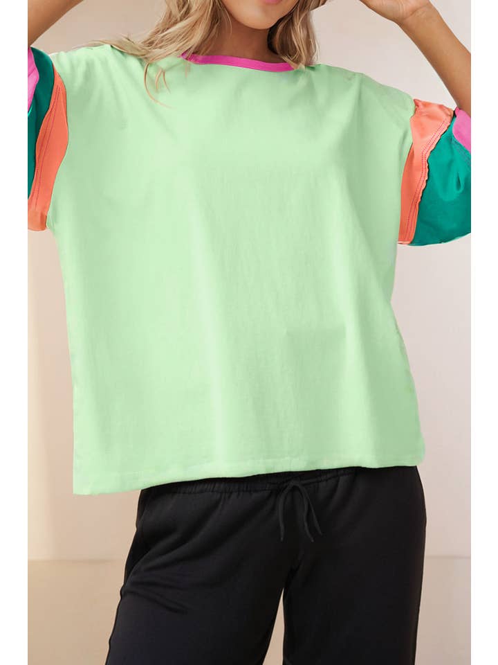 LA Society - Wholesale T-Shirt - Women's - Color Block Round Neck Half Sleeve Oversize Top
