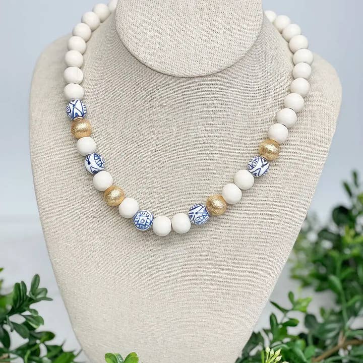 Prep Obsessed Wholesale – Engroshandel Perlehalskæde – Chinoiserie hvid & guld kugle perle halskæde