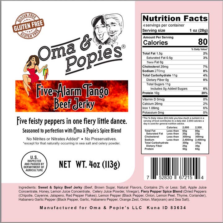 Fünf-Alarm-Tango-Rindfleisch-Jerky für den Großhandel von Oma & Popie's Specailty Foods LLC