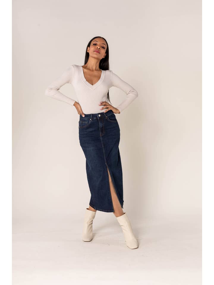 Nina Carter - Wholesale Skirt - Women's - Nina Carter denim jean long skirt with front split front P2155