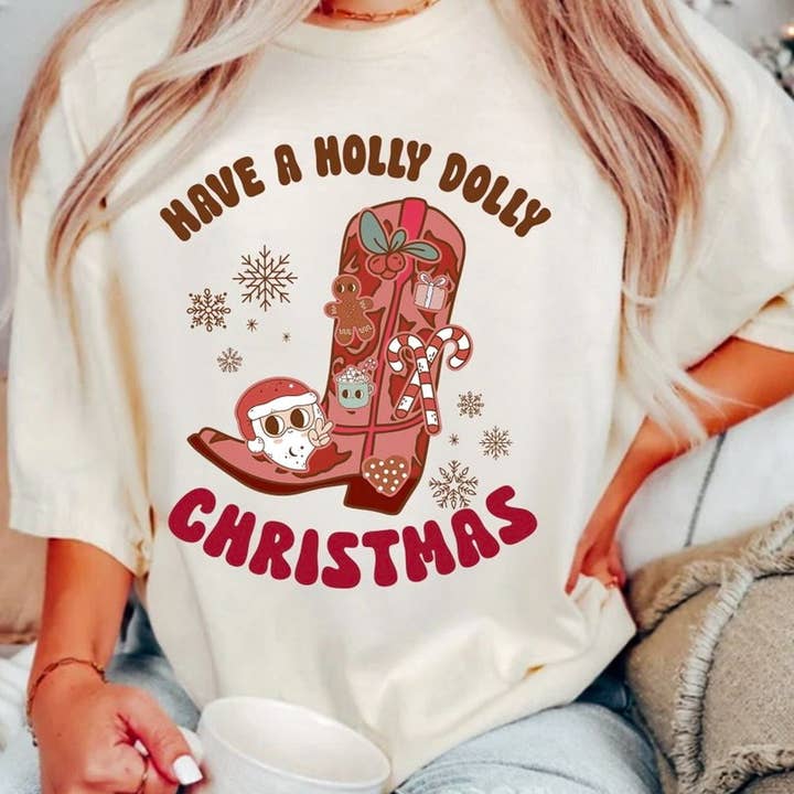Have A Holly Dolly Christmas Cowboy Boot Western Tee for wholesale by Peach Closet