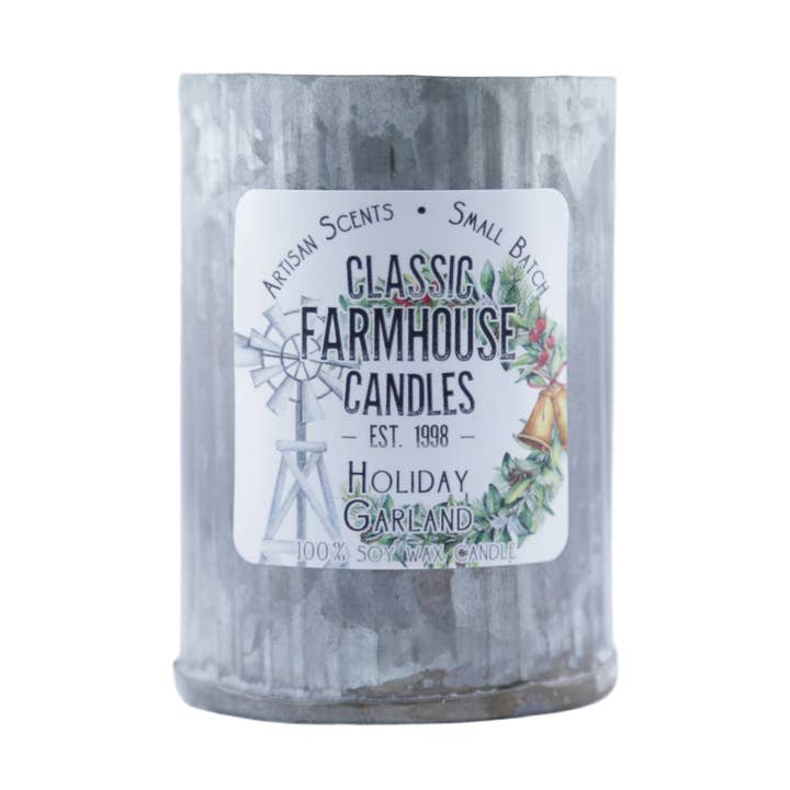 NEW! Small Tin Soy Candle - Holiday Garland for wholesale by Classic Farmhouse Candles