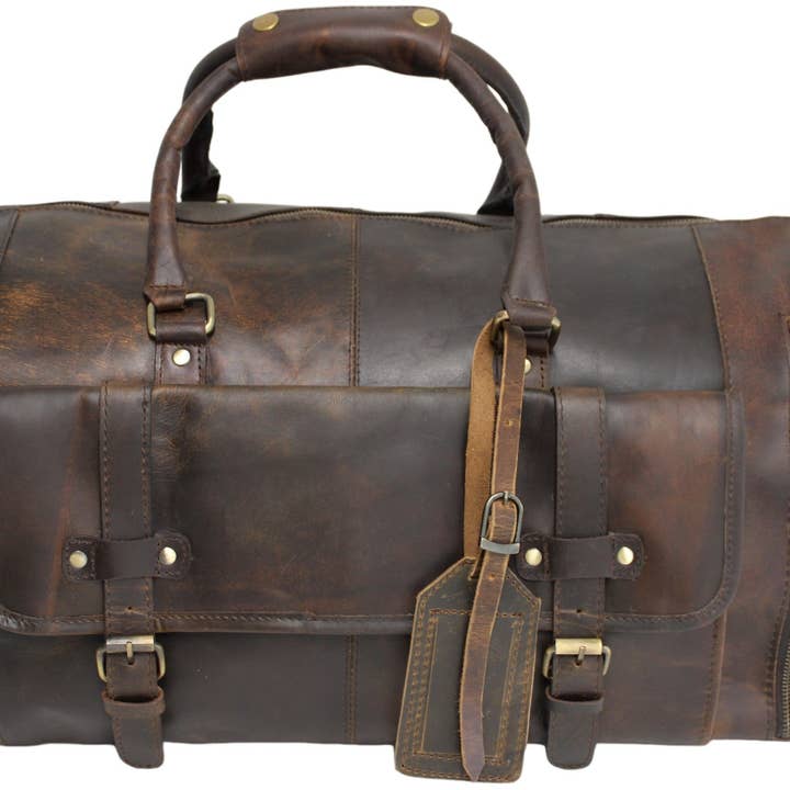 hide & chic - Wholesale Weekender bag – Unisex - Quality Full Grain Genuine Leather Travel Bag with Adjustable Shoulder Strap. FREE Leather Apple Air-tag Holder.25