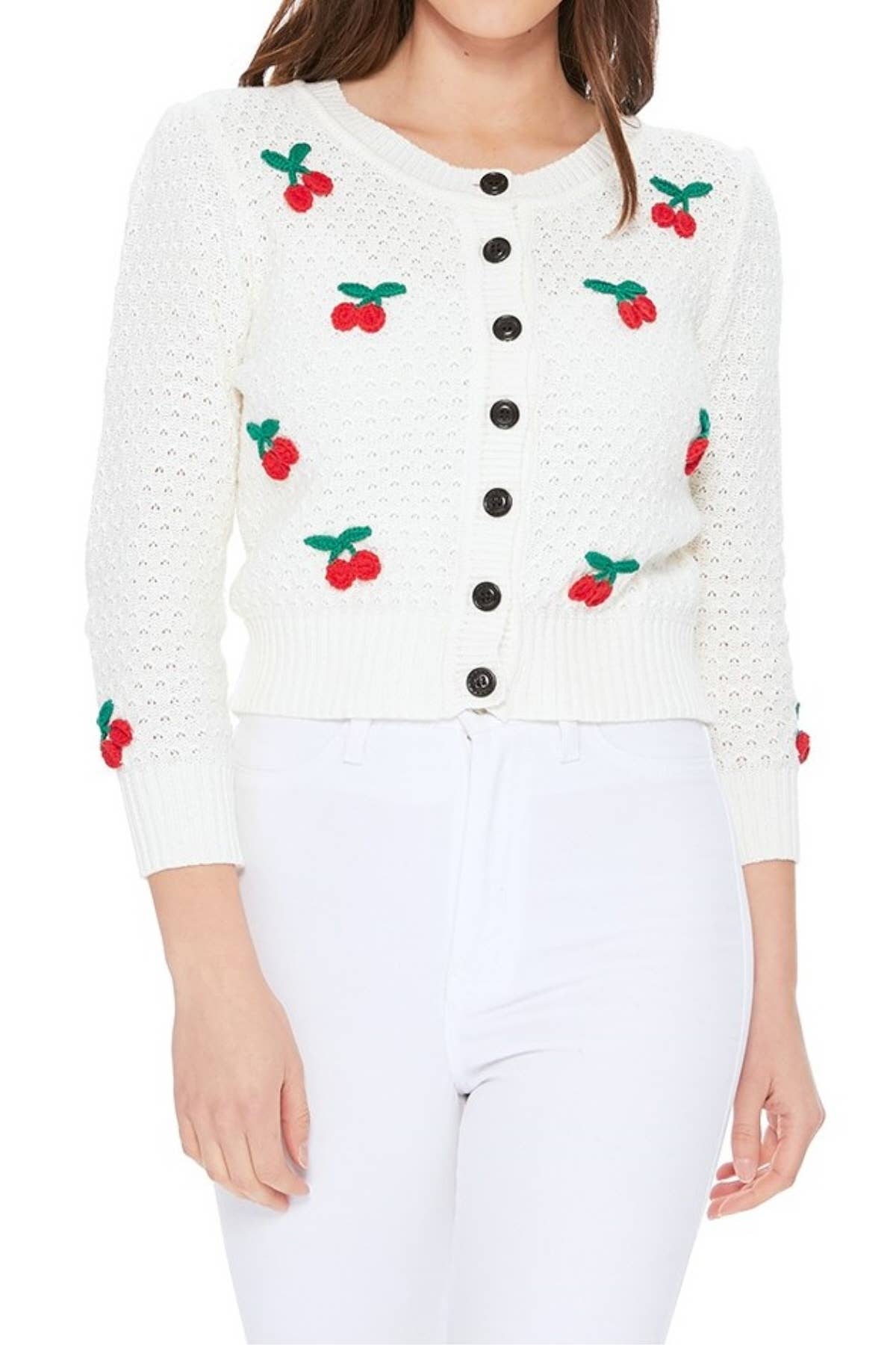 Mak - Wholesale Cardigan - Women's - Cherry Crochet Pom Pom Cropped Cardigan Sweater MK351517