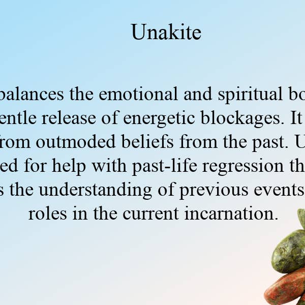 Scheda informativa Unakite (copia) per la vendita all'ingrosso da parte di The Witch Depot