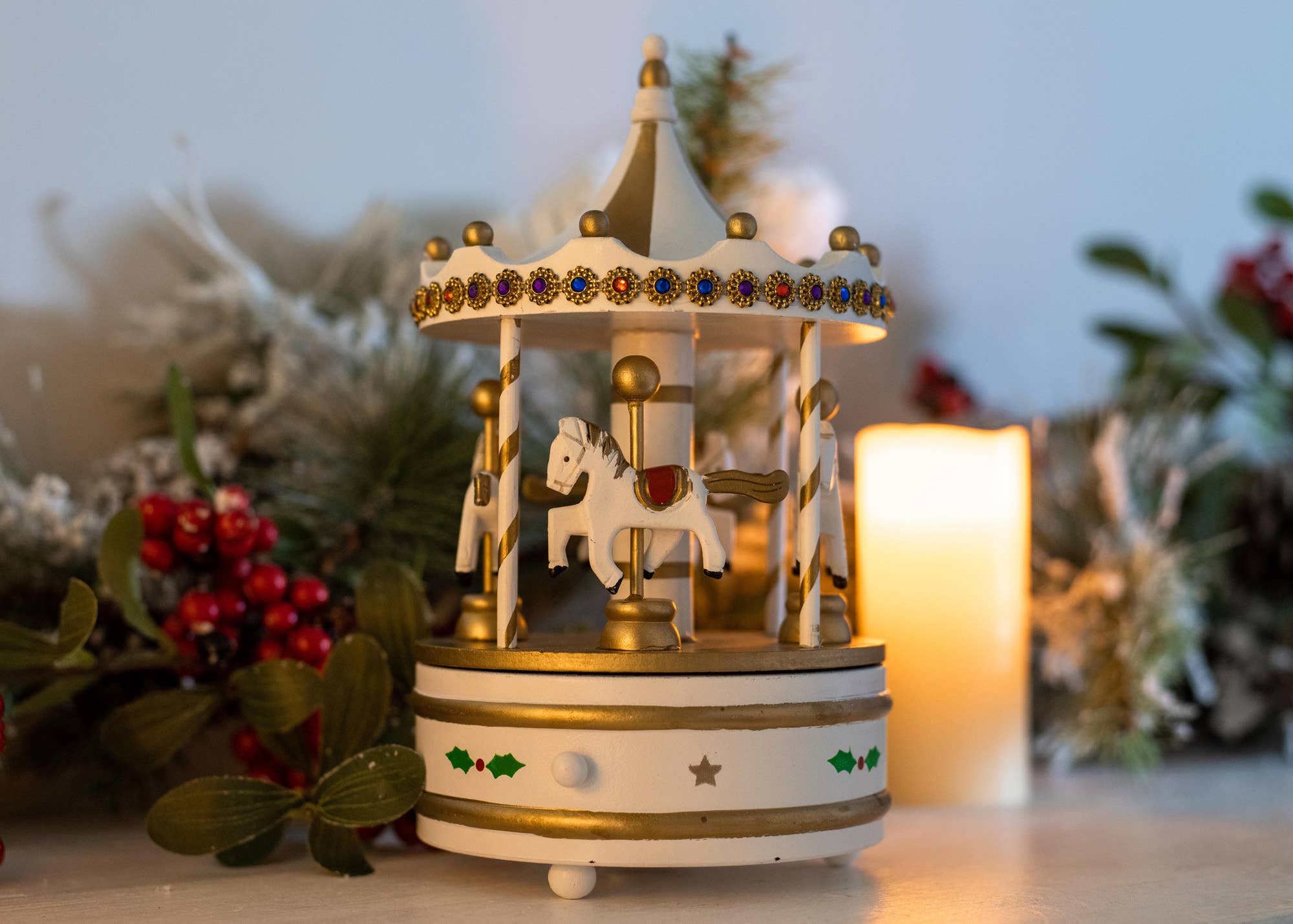 EAST AVENUE - Wholesale Decorative Tabletop Object - Rotating Carousel White 9-in Wood Musical Christmas Figurine5