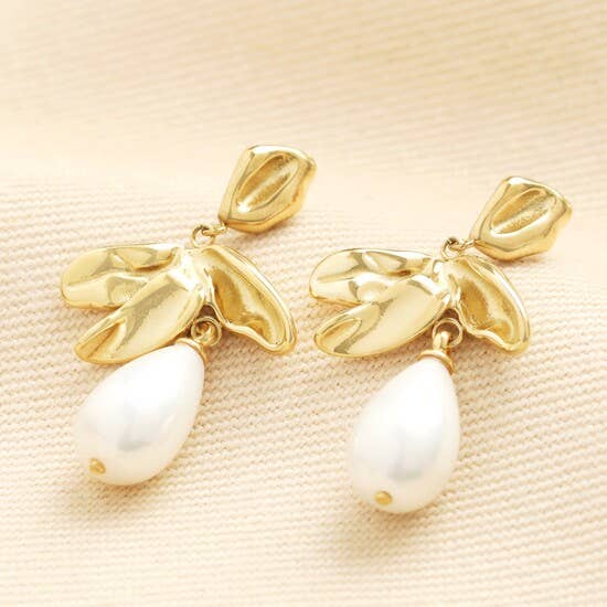 Gold Leaf and Acrylic Pearl Drop Earrings for wholesale by Lisa Angel