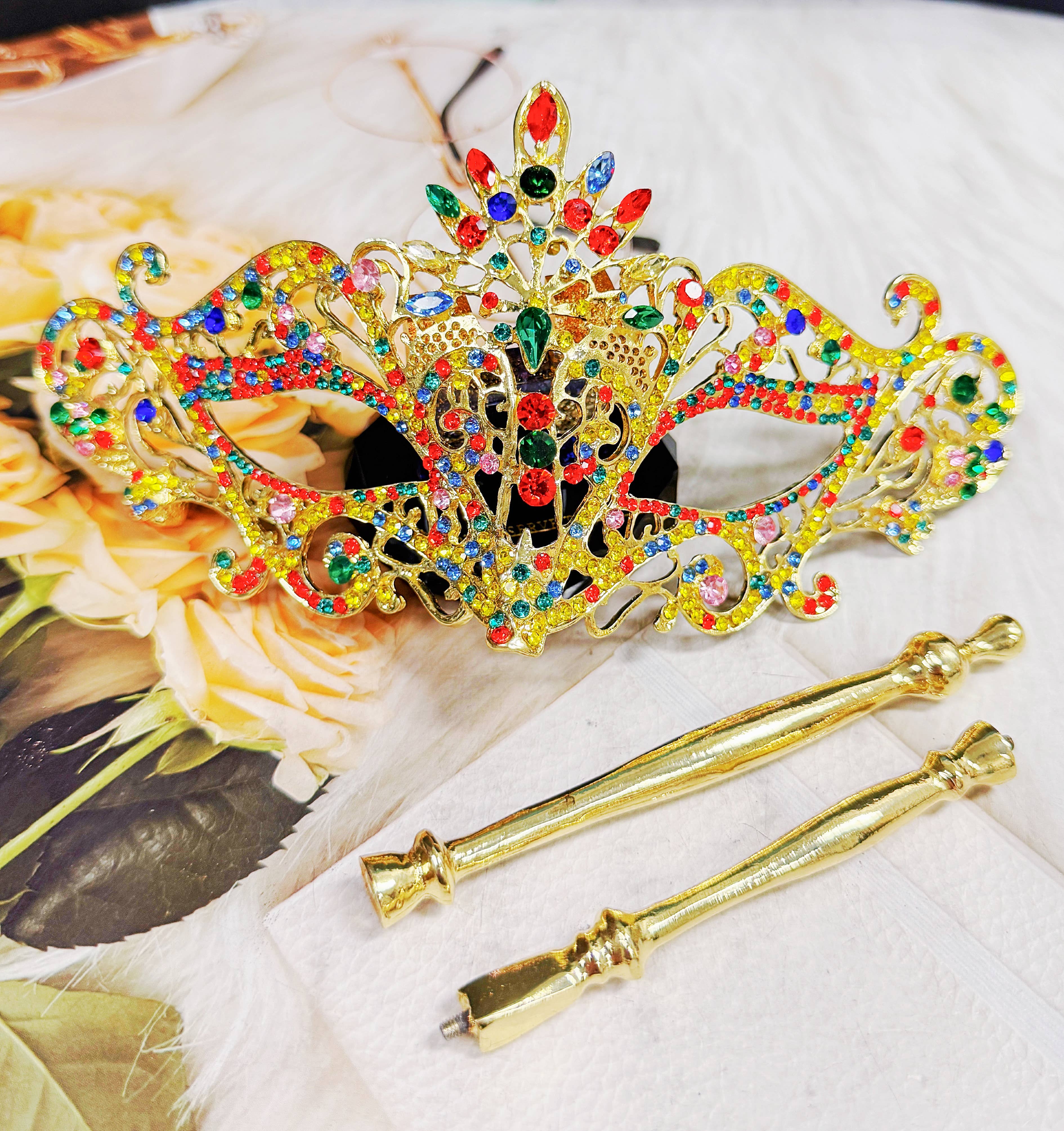 Happy Dream Gifts – wholesale Costume – Women's – Rainbow Masquerade Mask, Crystal Handheld Mask, Gold Mask7