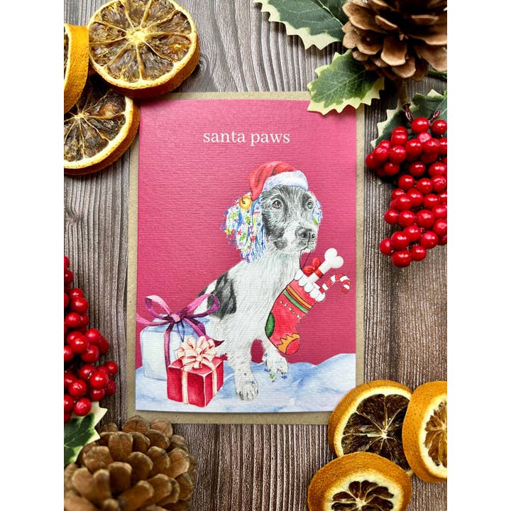 Jen Winnett Eco Artist - Vente Cartes de Noël - Jolie carte de Noël écologique pour chien Santa Paws2