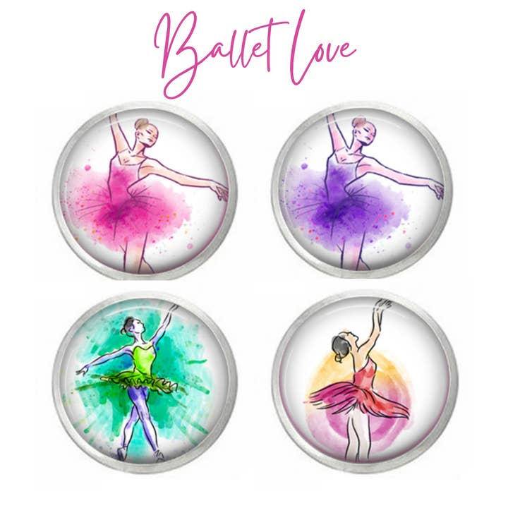 Ballet - Danse - Amour du ballet - Ensemble de quatre ou boutons-pression individuels pressés à la main ou en forme de dôme en verre pour la vente par Say It in A Snap Jewelry