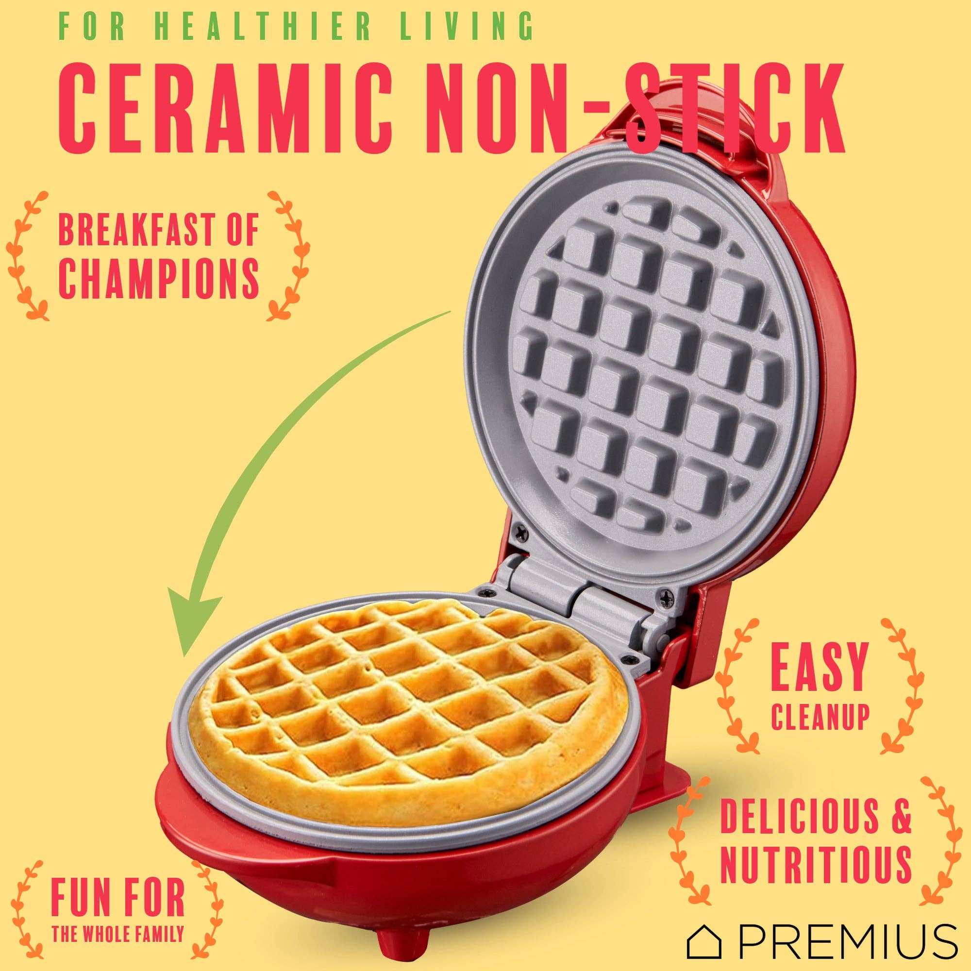 ShopBobbys - Wholesale Kitchen Appliance - PREMIUS Ceramic Non-Stick Mini Snack Waffle Maker, 4 Inch Mold14