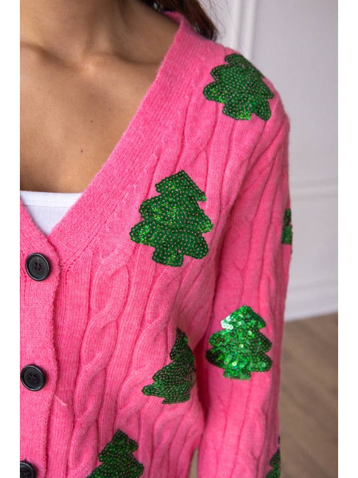 Pink Sequin Trees Cardigan for wholesale on Faire