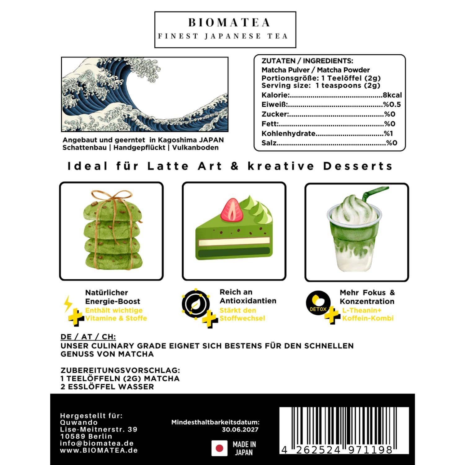 Biomatea – Großhandel Gesundheits-/Entgiftungstee – BIOMATEA Matcha Pulver – Premium Grüner Tee aus Japan (Kagoshima) | Vielseitig für Latte, Smoothies, Backen & Desserts | 100% natürlich & fein gemahlen (50g Beutel)1