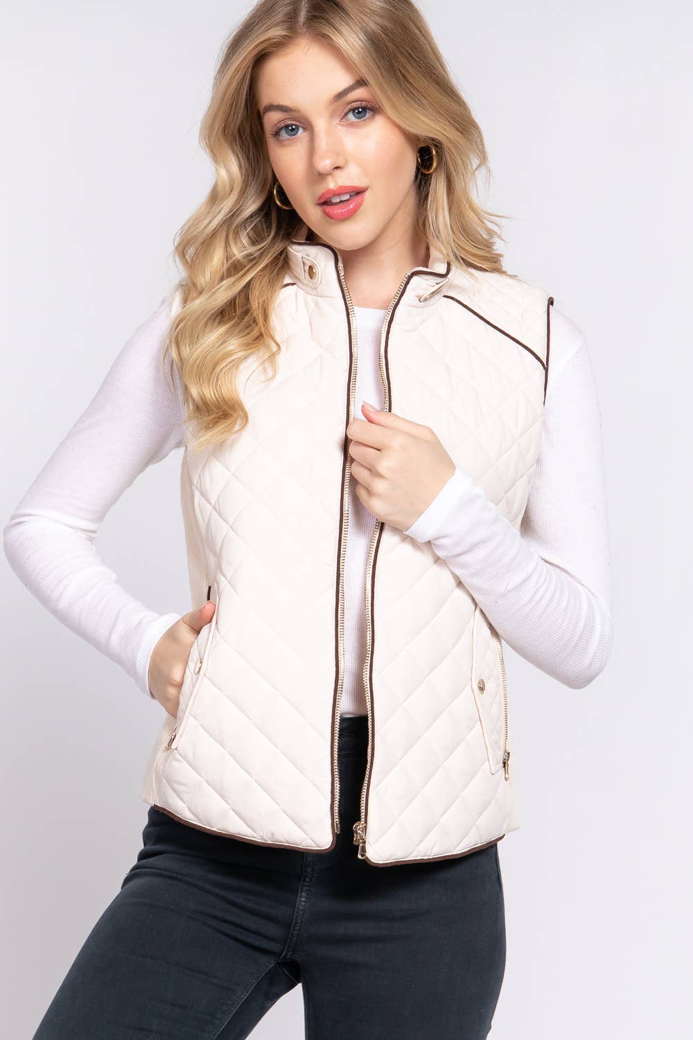 Active Basic | Active USA - Wholesale Outerwear Vest - Women's - Suede Piping Detail Rib Quilted Padding Vest0