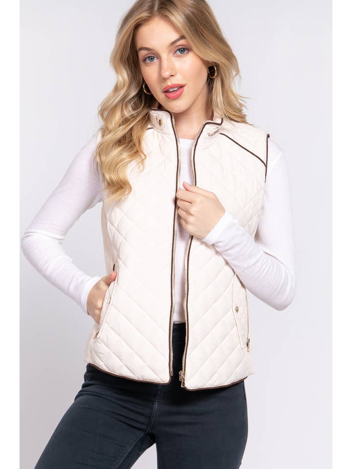 Active Basic | Active USA - Wholesale Outerwear Vest - Women's - Suede Piping Detail Rib Quilted Padding Vest48