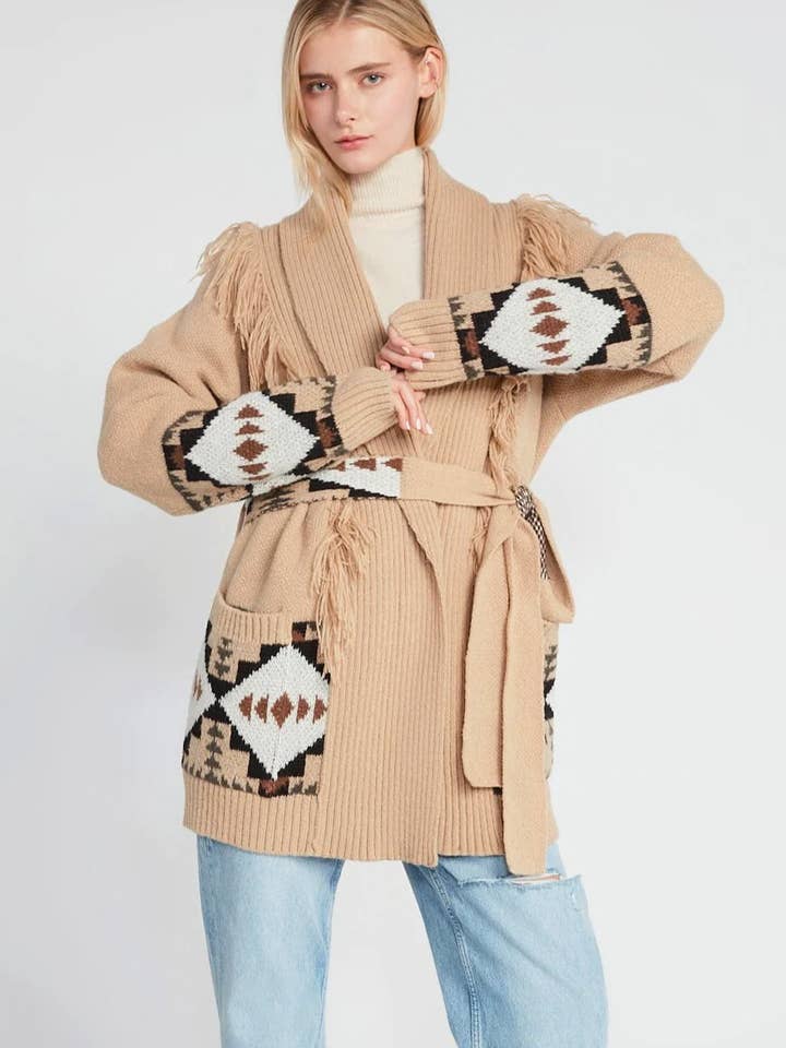 Fringed Aztec Chunky Knit Belted Cardigan one size for wholesale by Always Swanky
