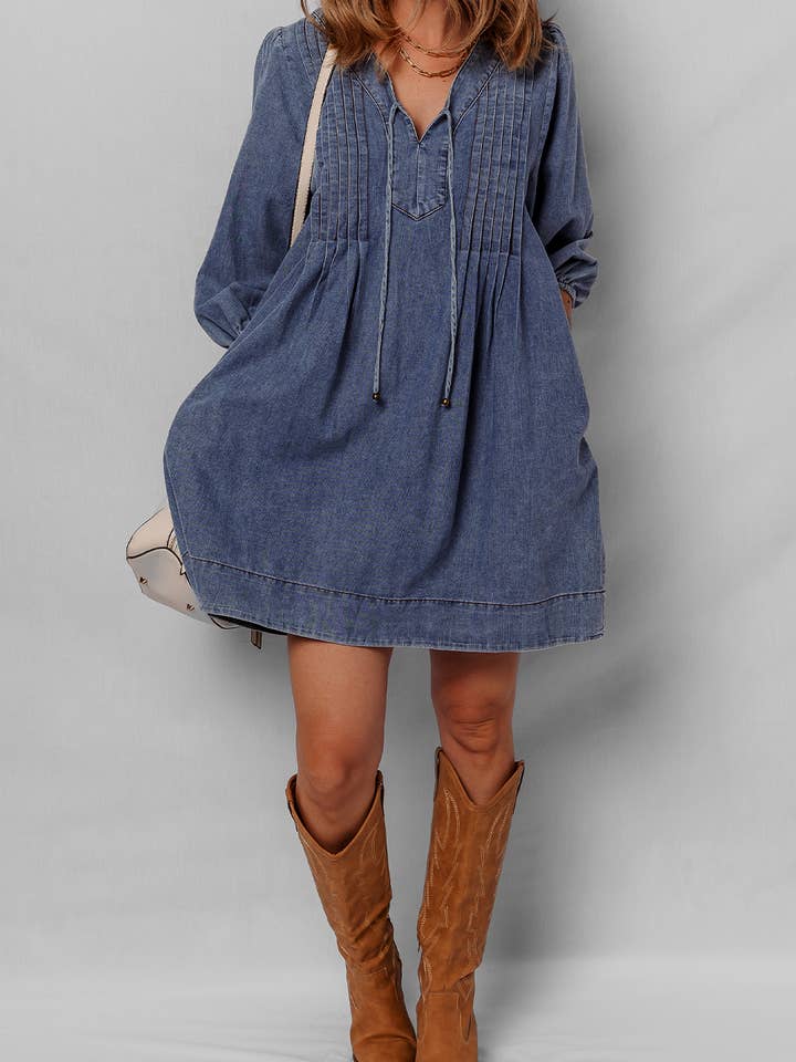 Sail Blue 3/4 Sleeve Tied V Neck Pleated Denim Mini Dress for wholesale on Faire2