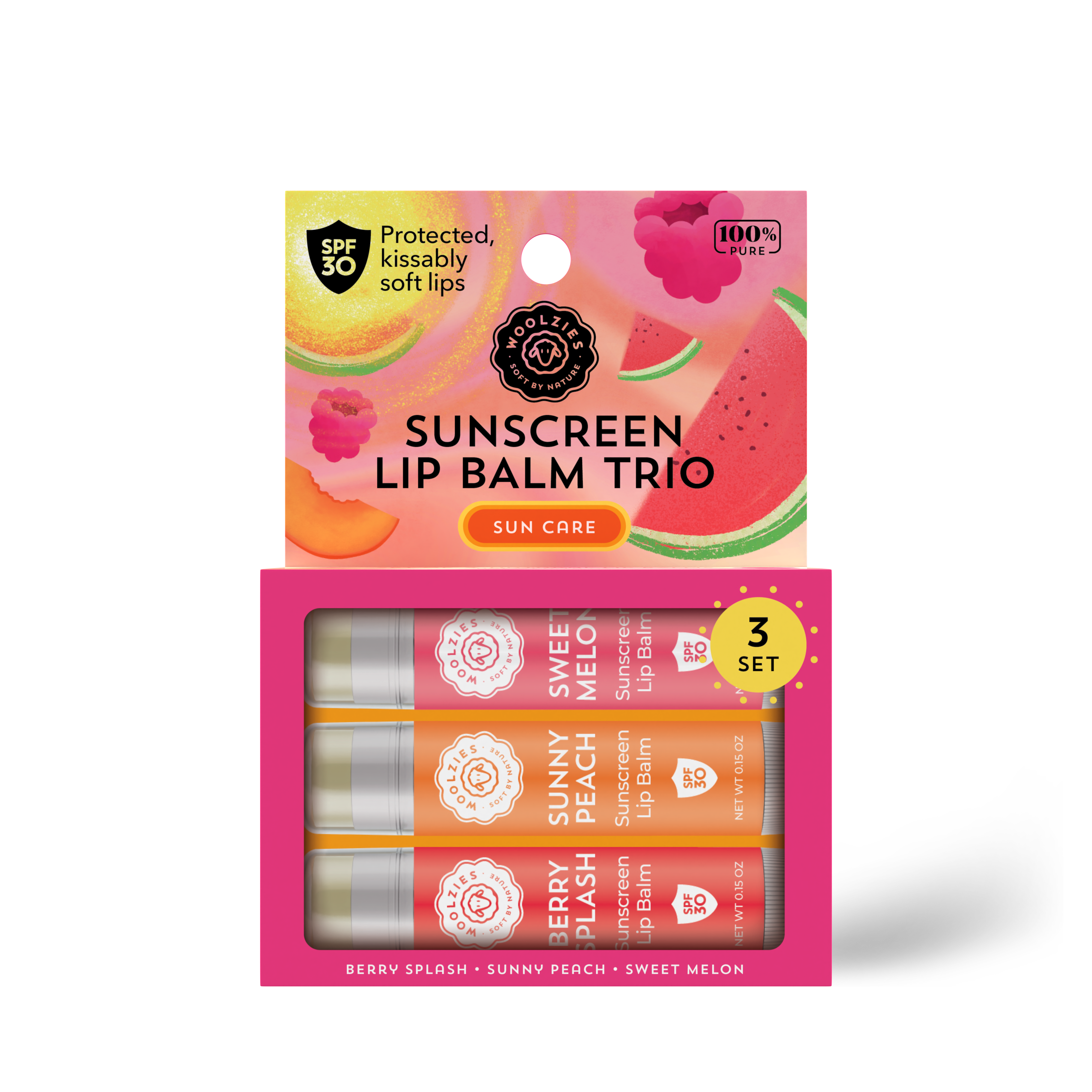 Woolzies - Wholesale Lip Balm Set - SPF Sunscreen Lip Balm Trio Sweet Melon, Sunny Peach, Berry 1